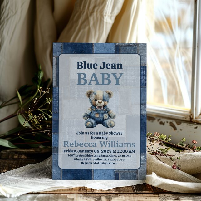 Denim Patchwork Bear Toy Blue Jean Baby Shower Invitation (Creator Uploaded)