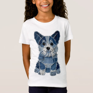 Denim Patchwork Corgi Dog T-Shirt