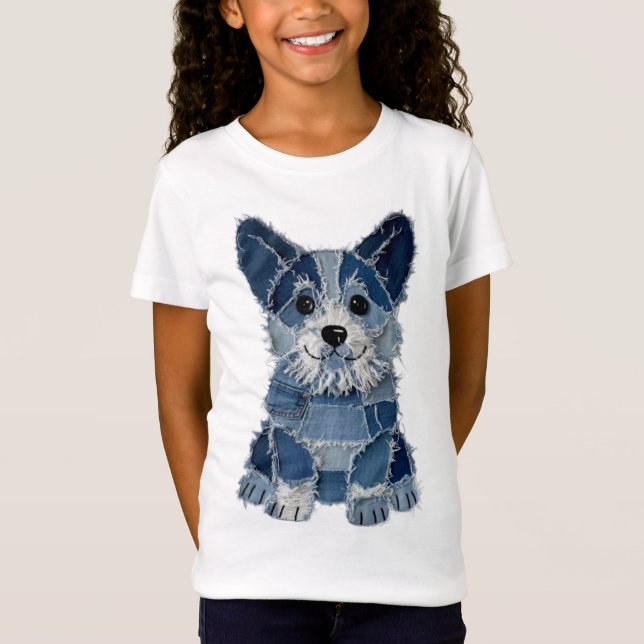 Denim Patchwork Corgi Dog T-Shirt (Front)