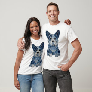 Denim Patchwork Corgi Dog T-Shirt