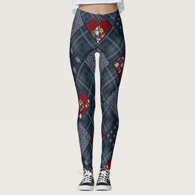 Denim patchwork, patchwork, textile, blue pattern leggings (Front)