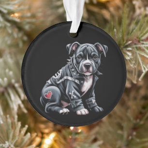 Denim Patchwork Pitbull Dog Edgy Rocker Gothic Ornament