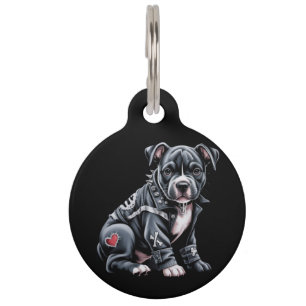 Denim Patchwork Pitbull Dog Edgy Rocker Gothic Pet Tag