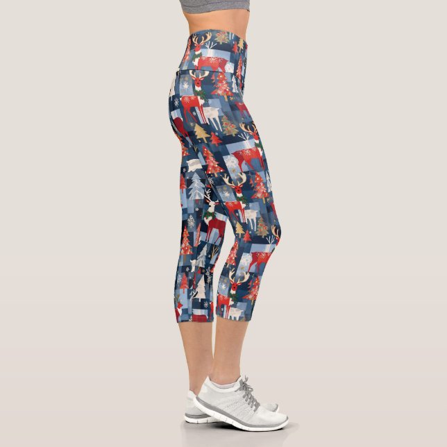 Denim Patchwork Plaid Christmas Trees & Reindeer Capri Leggings (Right)