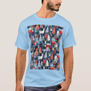 Denim Patchwork Plaid Christmas Trees & Reindeer T-Shirt