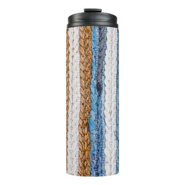 Denim patchwork: recycled jeans rug. thermal tumbler (Front)