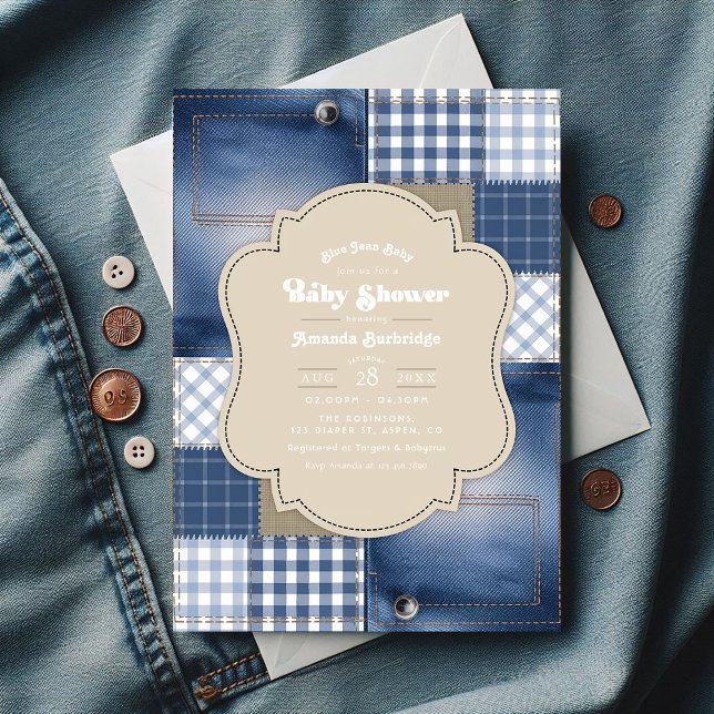 Denim Patchwork Rustic Chic Blue Jean Baby Shower Invitation (Denim Patchwork Rustic Chic Blue Jean Baby Shower Invitation)