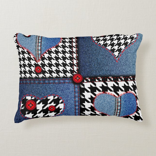 Denim Patchwork: Seamless Fabric Pattern Decorative Cushion (Front)