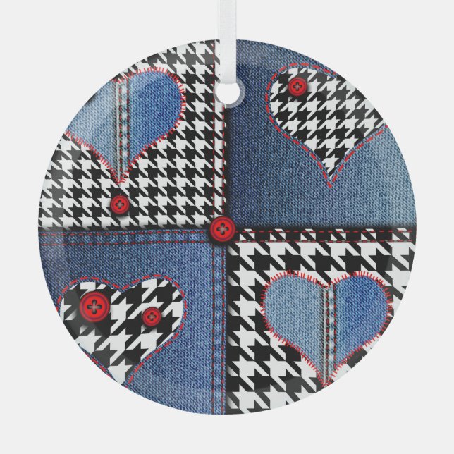 Denim Patchwork: Seamless Fabric Pattern Glass Tree Decoration (Front)