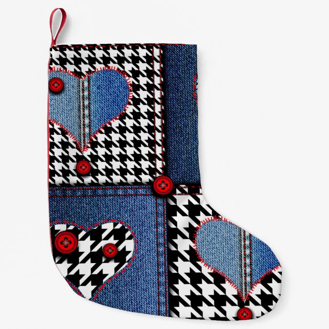 Denim Patchwork: Seamless Fabric Pattern Small Christmas Stocking (Front)