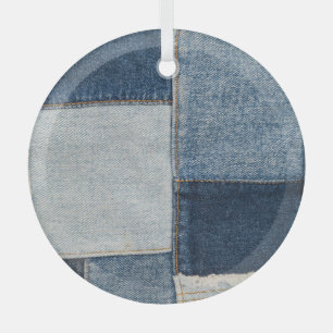 Denim Patchwork: Vintage Textile Pattern Glass Tree Decoration