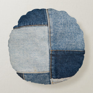 Denim Patchwork: Vintage Textile Pattern Round Cushion