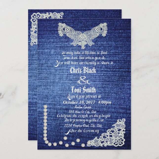Denim, Pearls & Lace Wedding Invite (Front/Back)