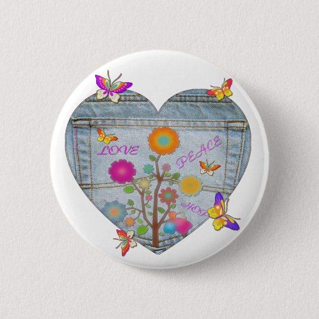 Denim Pocket Heart Flowers Butterflies 6 Cm Round Badge (Front)