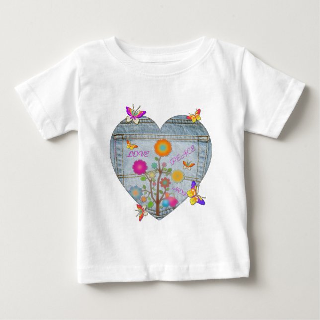 Denim Pocket Heart Flowers Butterflies Baby T-Shirt (Front)