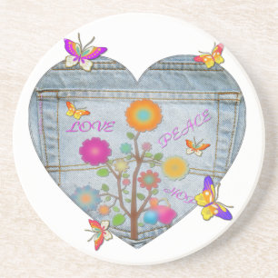 Denim Pocket Heart Flowers Butterflies Coaster