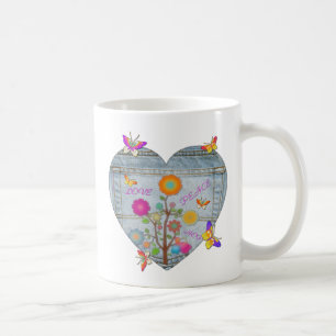 Denim Pocket Heart Flowers Butterflies Coffee Mug