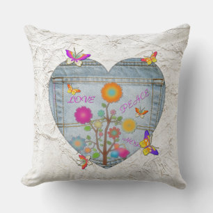 Denim Pocket Heart Flowers Butterflies Cushion