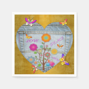 Denim Pocket Heart Flowers Butterflies on Gold Napkin