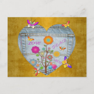 Denim Pocket Heart Flowers Butterflies Postcard