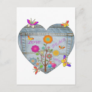 Denim Pocket Heart Flowers Butterflies Postcard