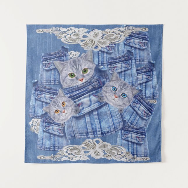 Denim pocket Jeans,Kittens and Lace Tapestry (Front)