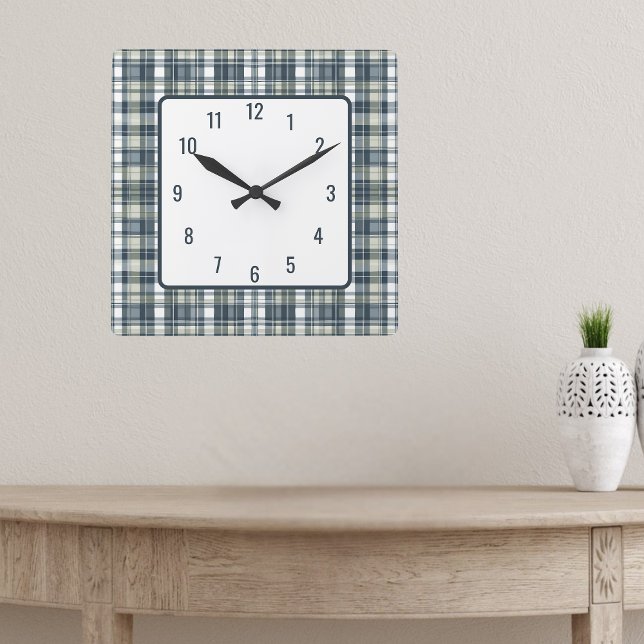 Denim Sage White Plaid Square Wall Clock (Creator Uploaded)