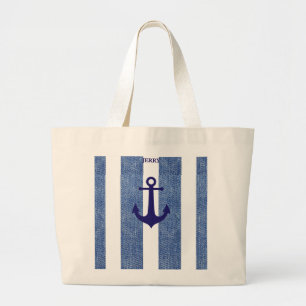 Denim Striped Anchor Large Tote Bag