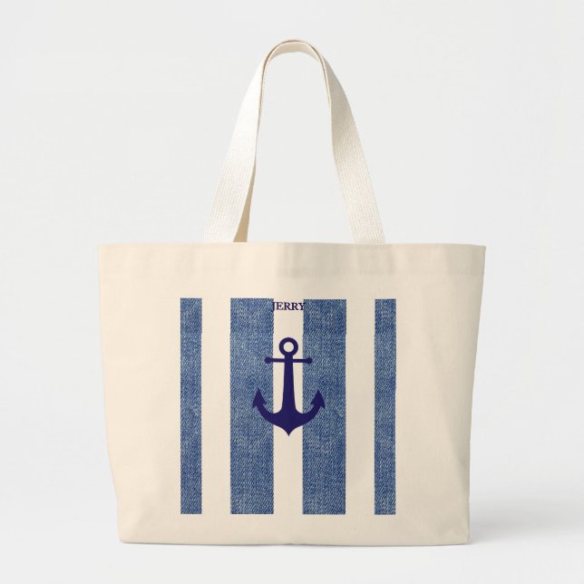 Denim Striped Anchor Large Tote Bag (Front)