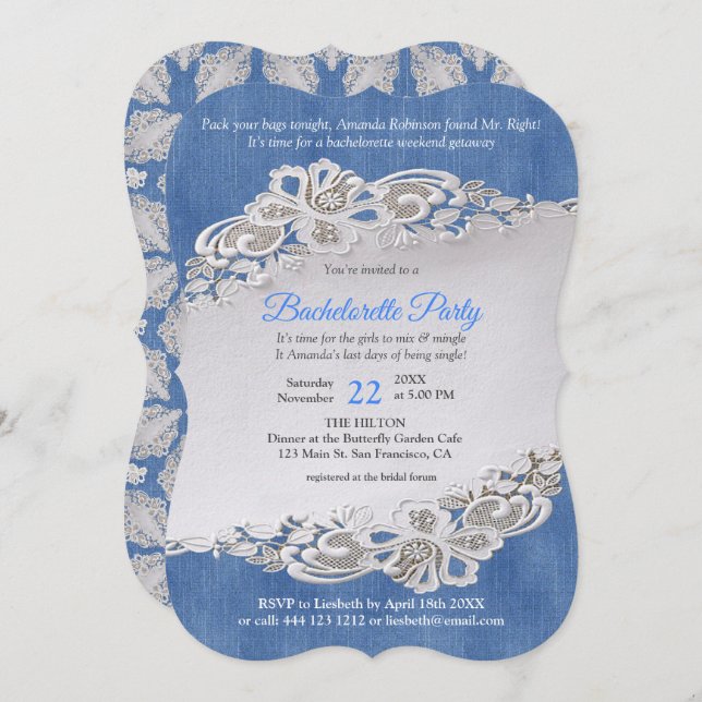 Denim Textured and flower Lace Invitation (Front/Back)