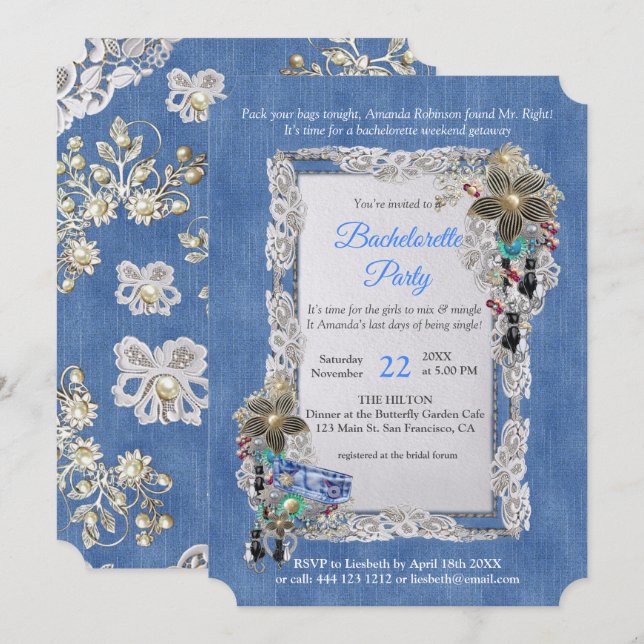 Denim Textured flower Lace and Costume Jewellery Invitation (Front/Back)