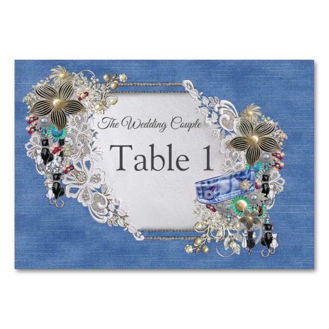 Denim Textured Lace and Costume Jewellery Table Number (Front)