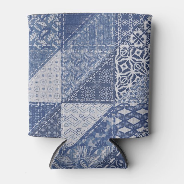 Denim Triangle Patchwork Vintage Texture. Can Cooler (Front)