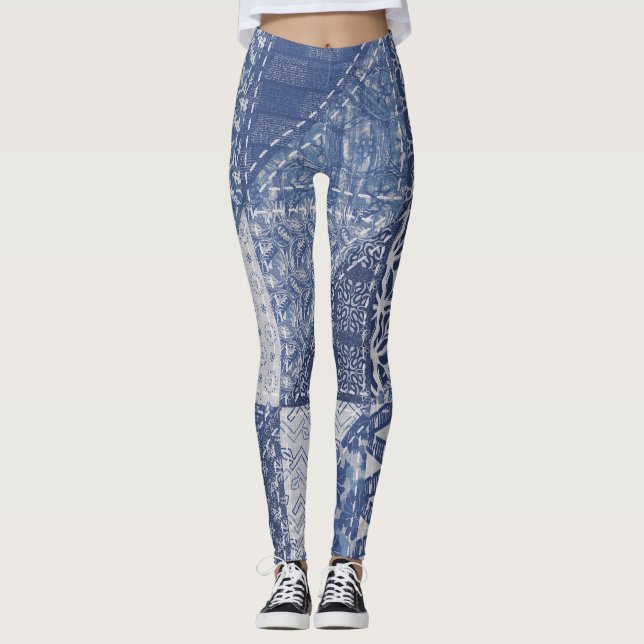 Denim Triangle Patchwork Vintage Texture. Leggings (Front)