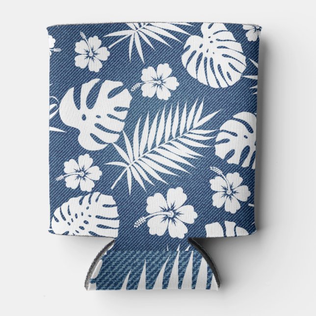 Denim Tropical: Patterned Background Design. Can Cooler (Front)