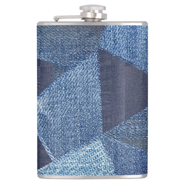 Denim Urban: Distressed Striped Patchwork. Hip Flask (Front)