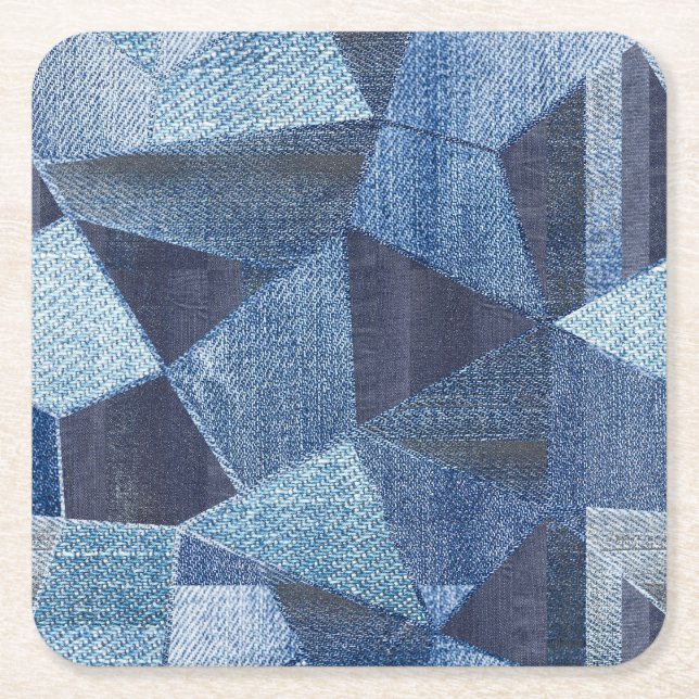 Denim Urban: Distressed Striped Patchwork. Square Paper Coaster (Front)