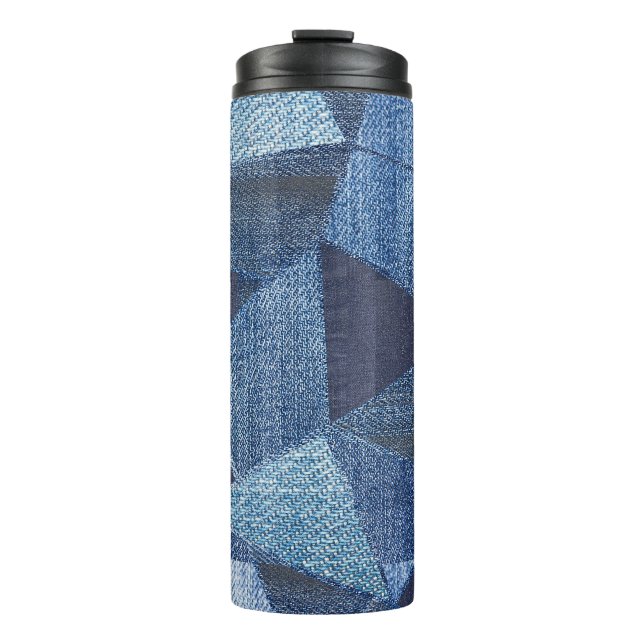 Denim Urban: Distressed Striped Patchwork. Thermal Tumbler (Front)