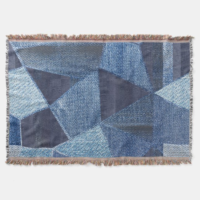Denim Urban: Distressed Striped Patchwork. Throw Blanket (Front)
