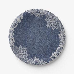 Denim & White Floral Lace Elegant Vintage Wedding Paper Plate