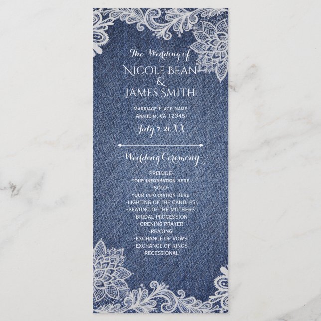 Denim & White Floral Lace Wedding Program Rack Programme (Front)