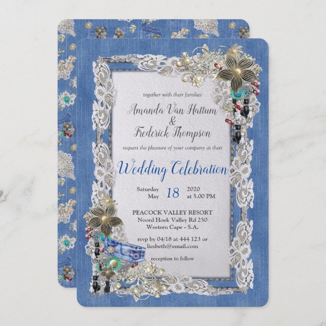 Denim with Cream Flower Lace and Costume Jewellery Invitation (Front/Back)