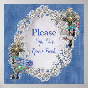 Denim with Cream Flower Lace and Costume Jewellery Poster