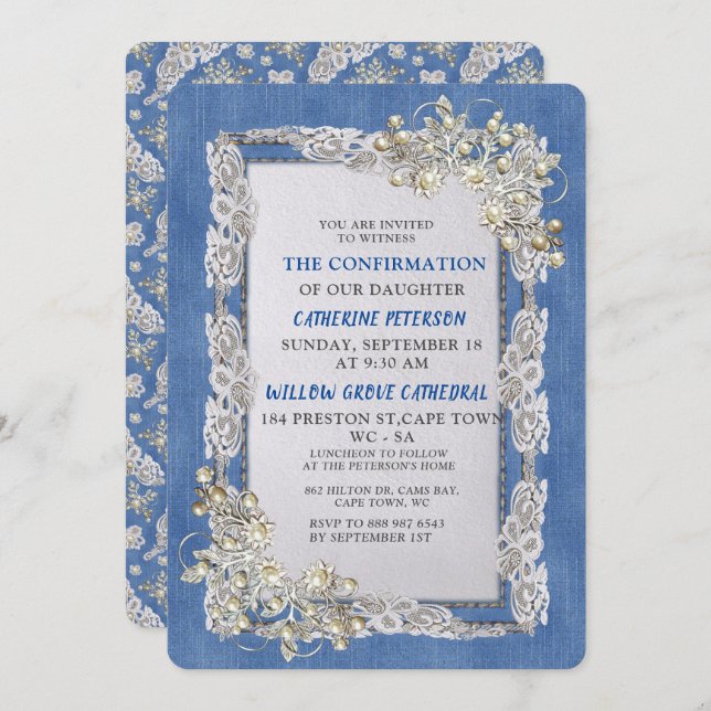 Denim with Cream Flower Lace and Pearls Invitation (Front/Back)