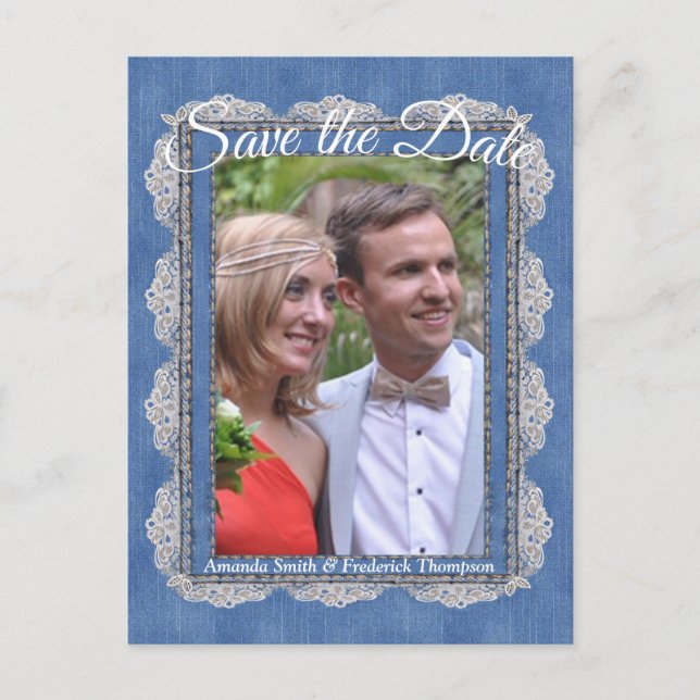 Denim with Cream Flower Lace Announcement Postcard (Front)