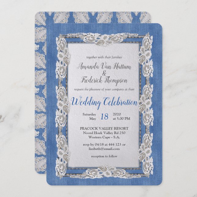 Denim with Cream Flower Lace Invitation (Front/Back)