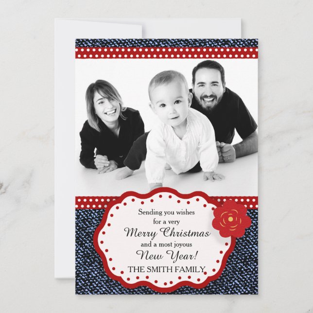 Denim with Red and White Polka Dot Photo Christmas Holiday Card (Front)