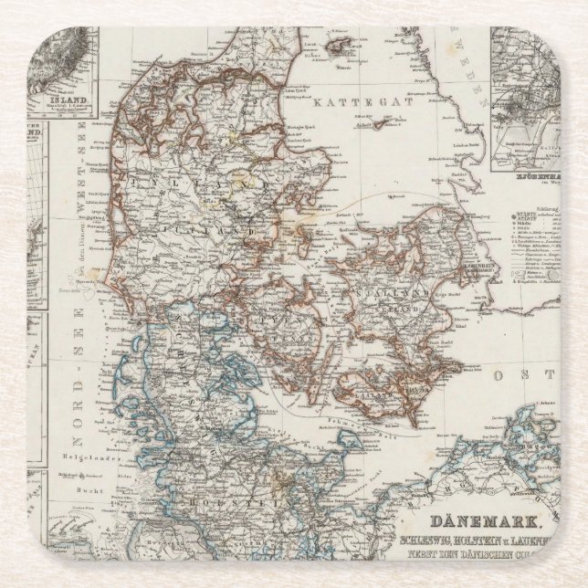 Denmark Atlas Map with 5 inset maps Square Paper Coaster (Front)