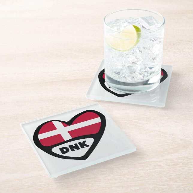 Denmark Country Code Flag Heart Pin Badge, DNK Glass Coaster (Angled)