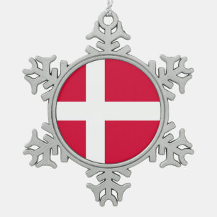 Denmark country flag symbol long snowflake pewter christmas ornament